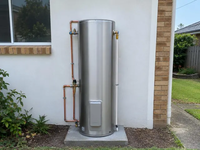 Stainless hot water cylinder with copper pipework beside a white exterior wall and brick corner in Cardiff Heights