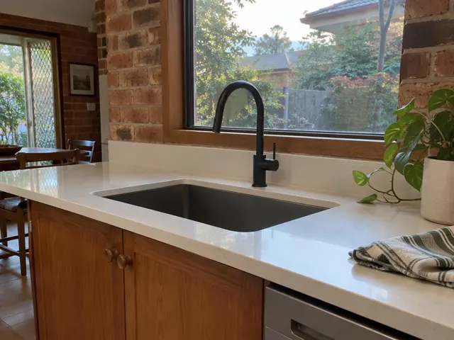 Black kitchen mixer tap over white benchtop and undermount sink with brick wall and window in Garden Suburb